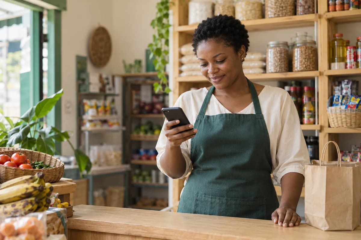 A shop owner checking her phone behind the counter of a neighbourhood grocery shop.